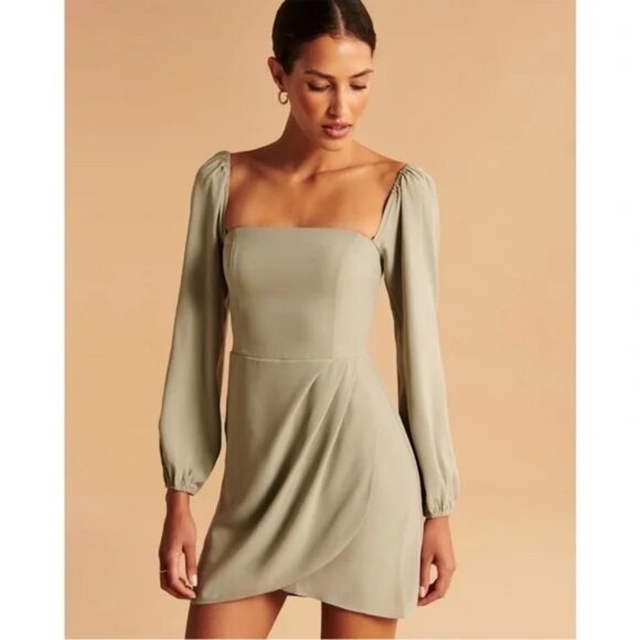𝐒𝐎𝐋𝐃 𝐎𝐔𝐓 𝐒𝐓𝐘𝐋𝐄 A&F Long-Sleeve Draped Skirt Mini Dress Sage Green M - Picture 6 of 6